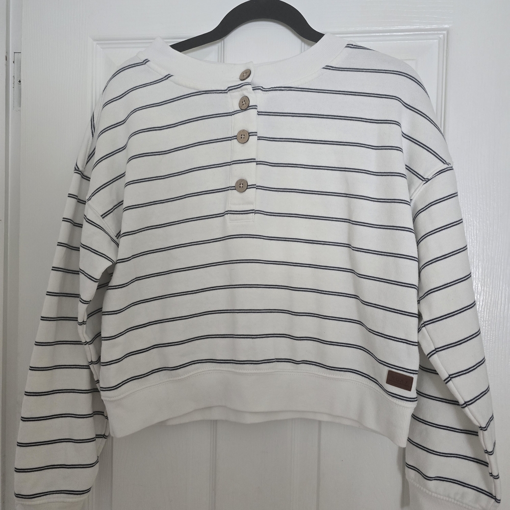 Roxy White and Black Striped Crew Neck Sweater